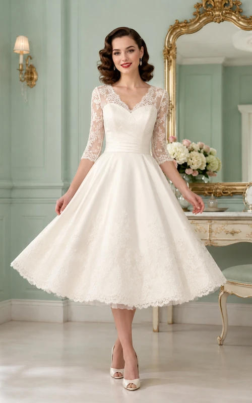 Vintage 1950s V Neck Three Quarter Illusion Lace A-Line Tea Wedding Dress