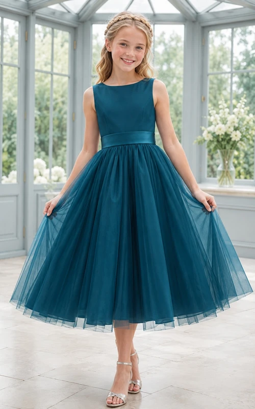 Pfauenblaues Brautjungfernkleid für junge Damen, A-Linie, Teelänge, eckig, ärmellos, Tüll, gestuft, bezaubernd, formell