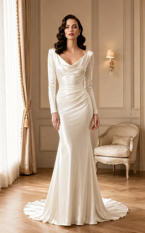 Vintage Elegant Cowl Neck Long Sleeve Satin Sheath Court Train Wedding Dress