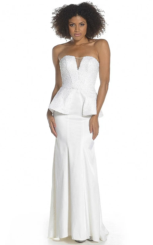 Etuikleid, trägerlos, lang, ärmellos, Satin-Abendkleid mit Schößchen, Reißverschluss hinten und Applikationen