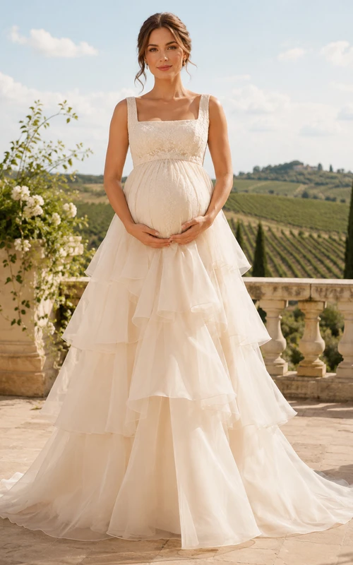 Maternity Wedding Dress Square Neck Lace Bodice Cascading Ruffle Tulle Gown