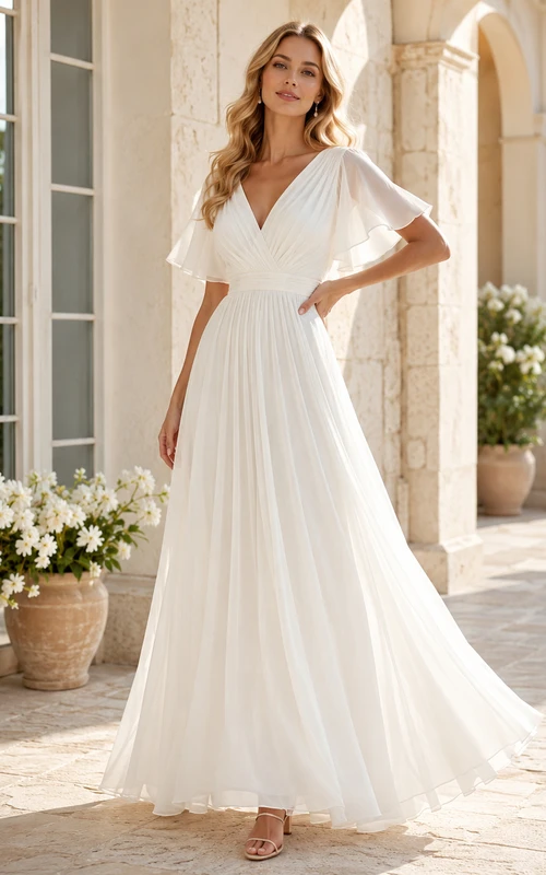 Robe de mariée romantique en mousseline, coupe trapèze, longueur au sol, col en V, manches courtes, style jardin.
