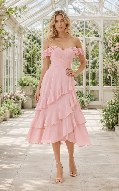 Blushing Pink Off-the-Shoulder Chiffon Tiered Ruffle A-Line Tea-Length Romantic Dress