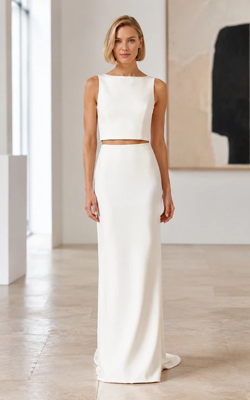 Ensemble de mariée sans manches en crêpe bateau crop top à col montant