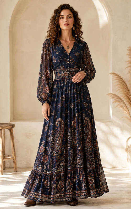 Marineblaues Maxikleid im Boho-Stil mit Blumenmuster, V-Ausschnitt und langen Ärmeln