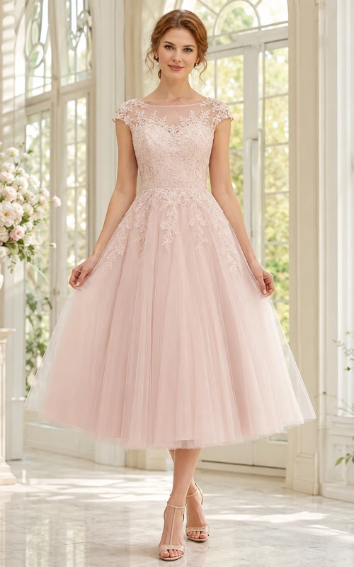 Vestido de novia romántico de encaje y tul con escote barco, manga corta y largo hasta la rodilla en tono rosa empolvado.