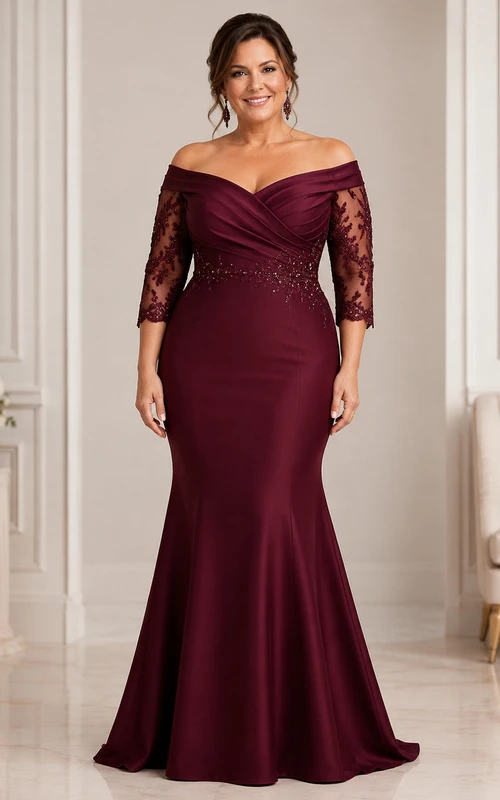 Vestido de madre de sirena color borgoña con hombros descubiertos, escote corazón y cola larga hasta el suelo.