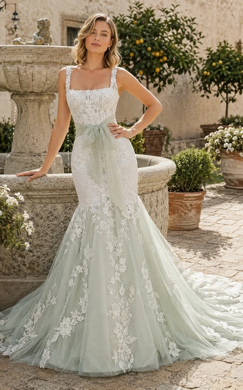 Celadon-Spitze Brautkleid im Meerjungfrauen-Stil, ärmellos, mit Schleppe, romantisch-elegant