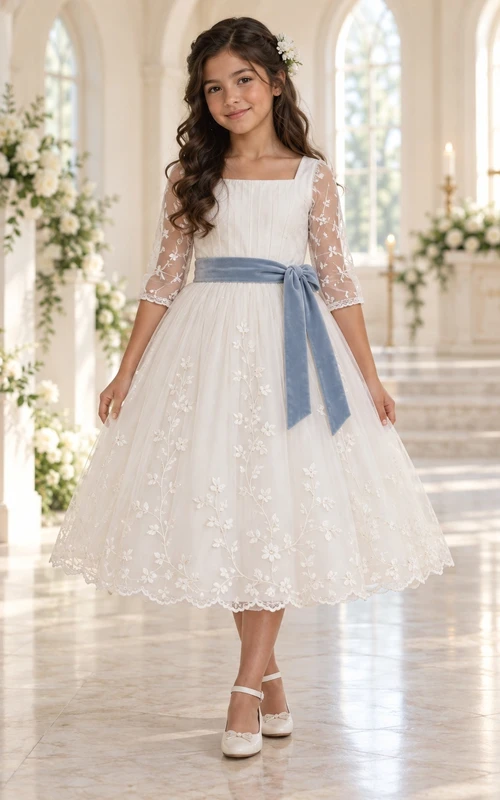 Vestido de niña de flores blanco con escote cuadrado, corte en A, estampado floral, encaje, mangas tres cuartos y fajín azul, largo hasta la rodilla.