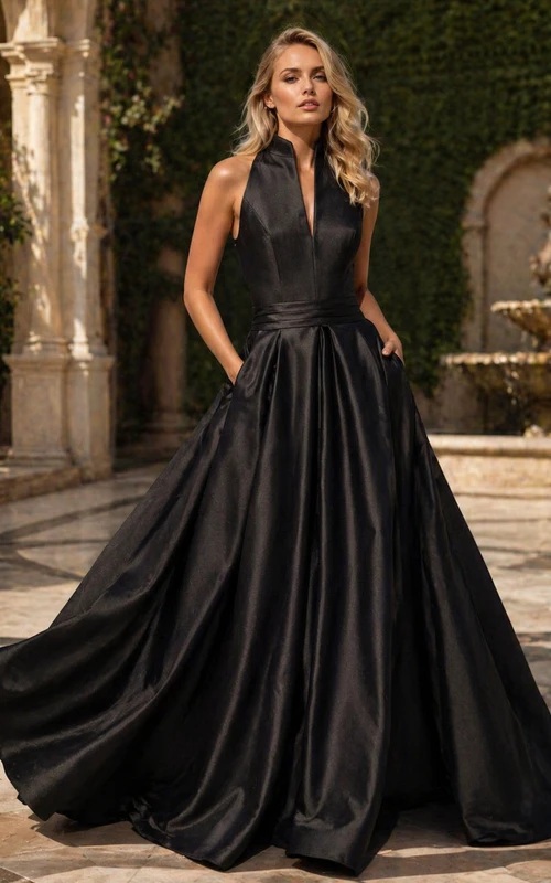 Robe de bal simple sans manches en satin avec traîne et fronces