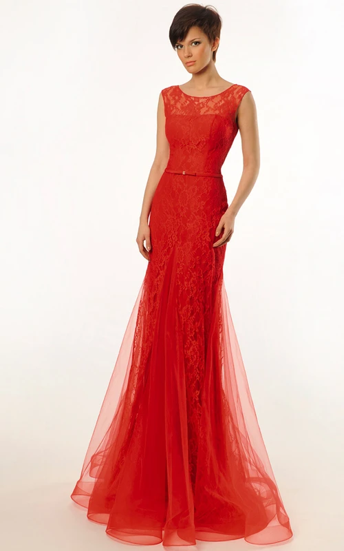 Vestido de fiesta largo hasta el suelo, sin mangas, con escote redondo, apliques, encaje y tul, espalda en V baja y volantes.
