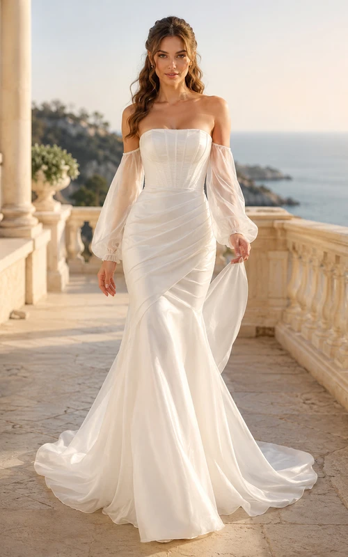 Strandhochzeitskleid aus Satin-Organza im Meerjungfrauenstil, schulterfrei, lange Ärmel, Schleppe