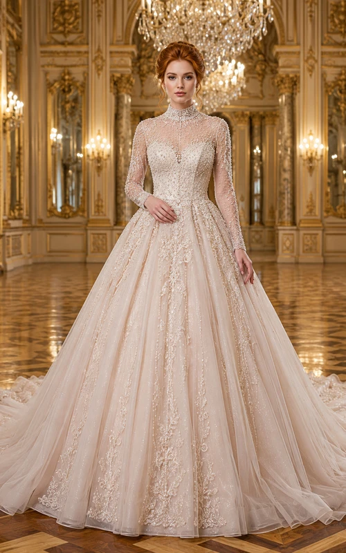 Vestido de novia de encaje y tul, estilo princesa, escote corazón, sin mangas, cola de capilla, con apliques.