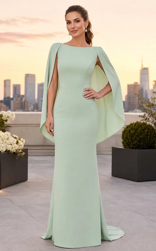 Vestido de noche largo hasta el suelo de jersey celadón moderno con escote barco y mangas largas.