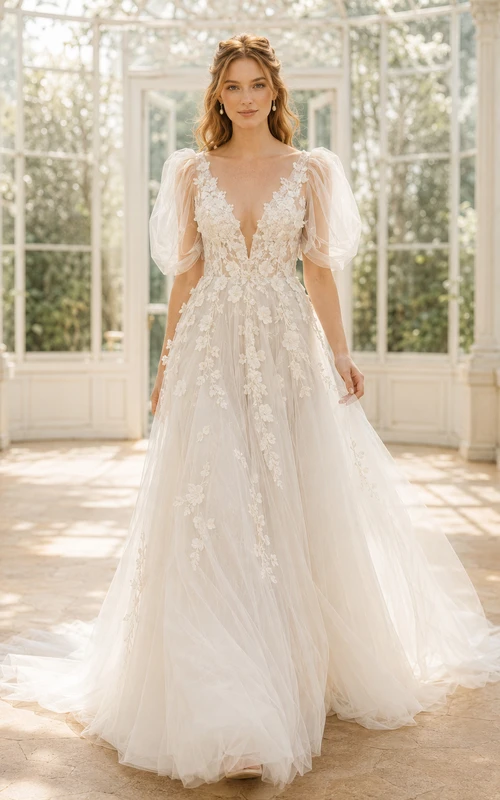 Wedding A-Line Tulle Dress with Puff Sleeves, V-Neck Lace Bodice, and Train