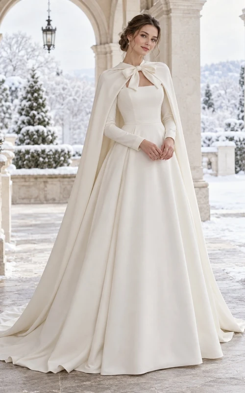 Vestido de novia sencillo de corte A con cuello abierto, lazo y mangas largas, ideal para invierno.