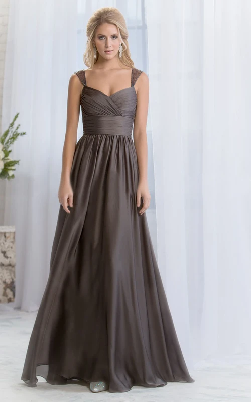 Brautjungfernkleid in A-Linie mit kurzen Ärmeln, Rüschen und Perlenstickerei