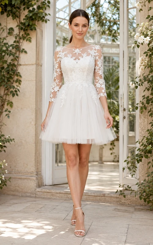 White Lace Jewel Neck Three-Quarter Sleeve A-Line Short Modest Dress