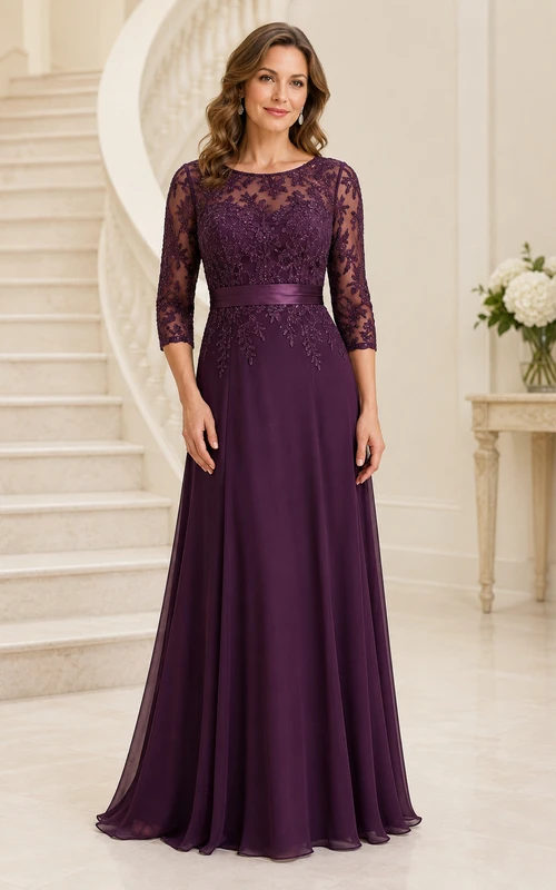 Plum Lace Bodice Chiffon A-Line Mother of the Bride Dress with Three-Quarter Sleeves