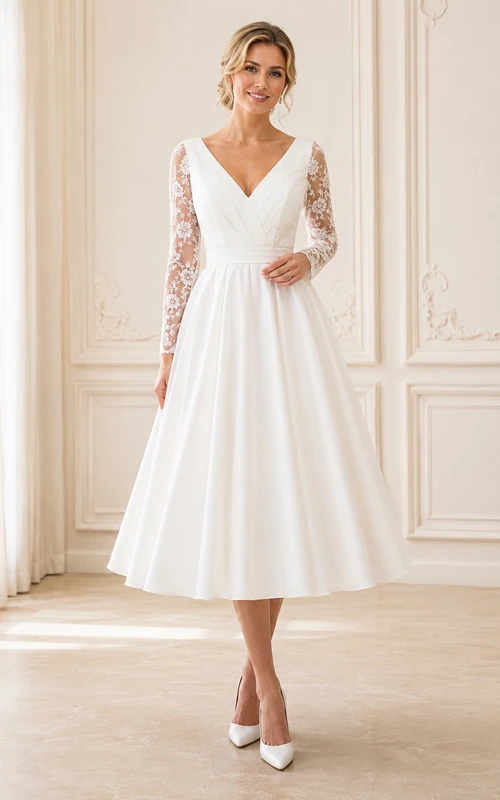 Robe de mariée en satin et dentelle, manches longues, col en V, dos nu en V, fermeture éclair.