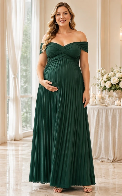 Elegant Dark Green Off-the-shoulder Short Sleeve Floor-length Jersey Empire Maternity Dress