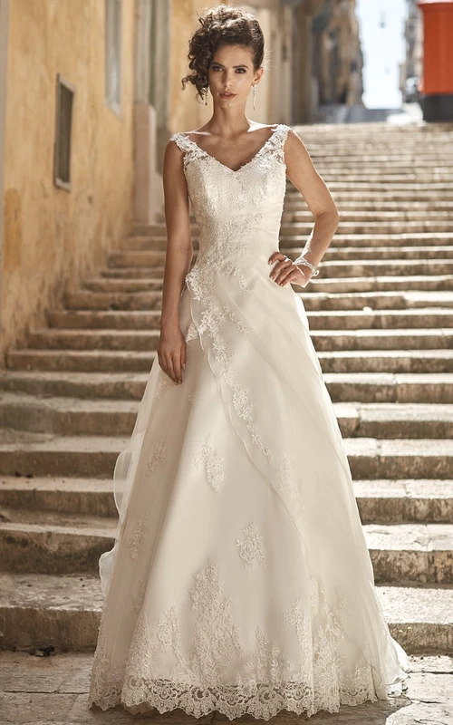 A-Linien-Brautkleid aus Satin und Spitze mit Applikationen, V-Ausschnitt, lang, ärmellos und mit seitlicher Drapierung
