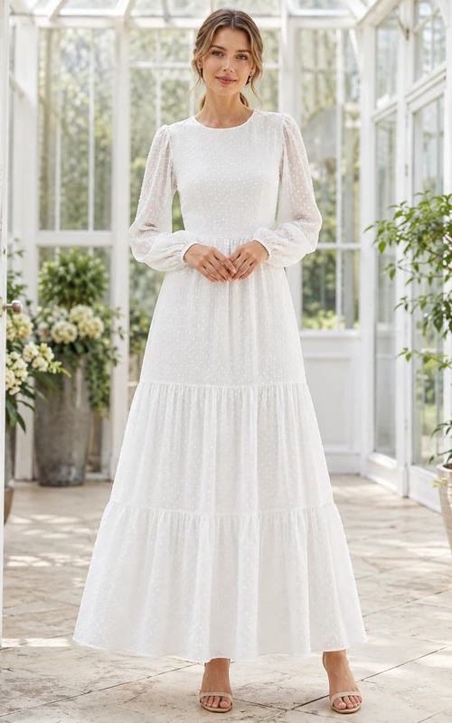 Modest Square Neck Long Sleeve Tiered Chiffon Formal Dress