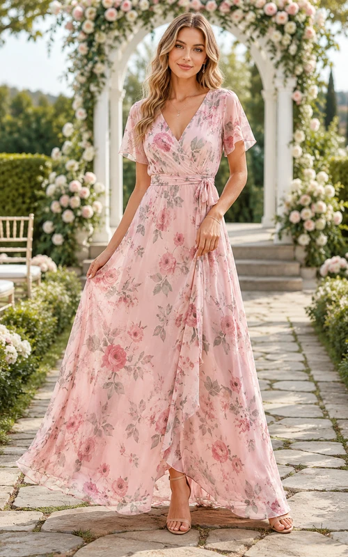 Robe longue d'invitée en mousseline rose à fleurs, col en V et manches courtes, col en V.