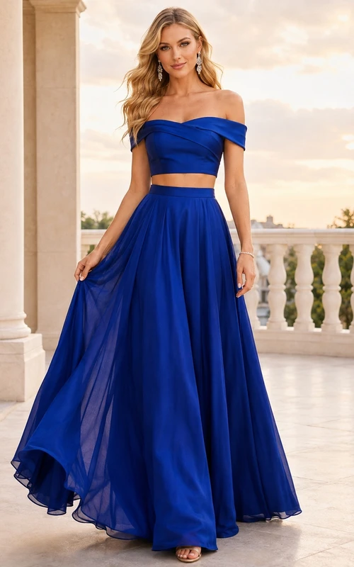 Königsblaues, schulterfreies, zweiteiliges Chiffon-Abendkleid in Bodenlänge