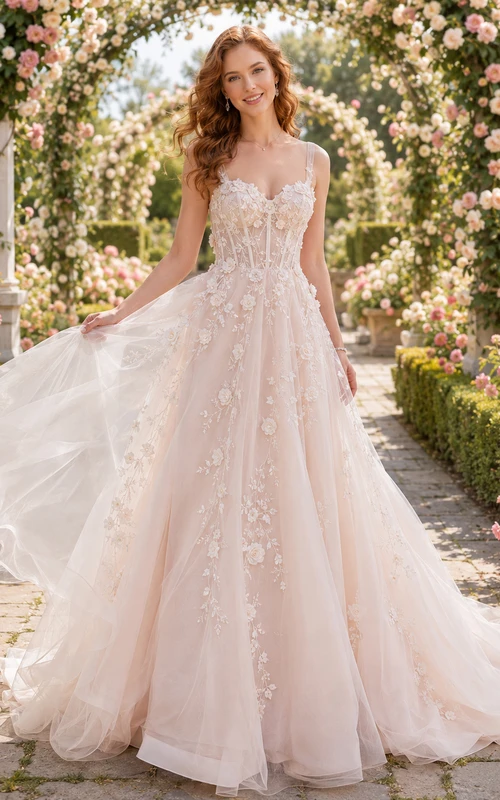Robe de mariée en tulle et dentelle rose poudré, coupe trapèze, col en V, sans manches, traîne, ornée d'appliqués