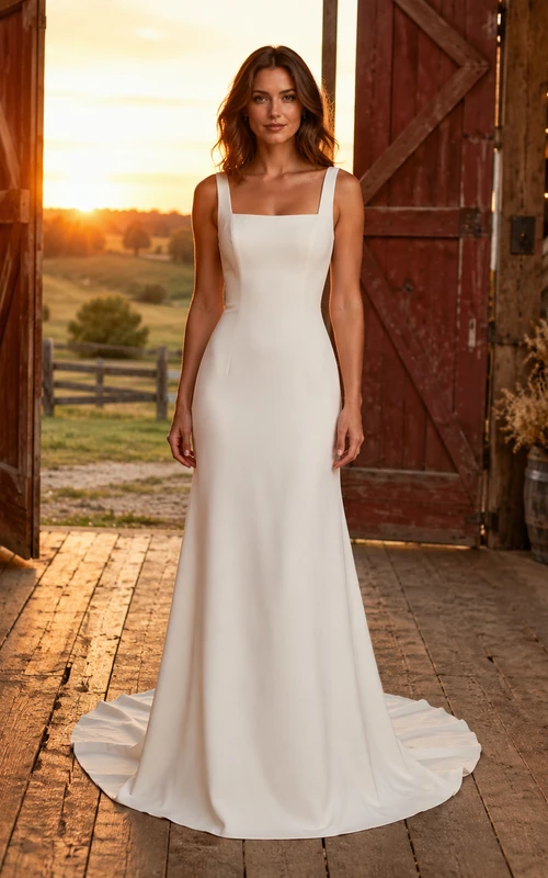 Minimalist Square Neck Satin Sheath Ranch Wedding Dress