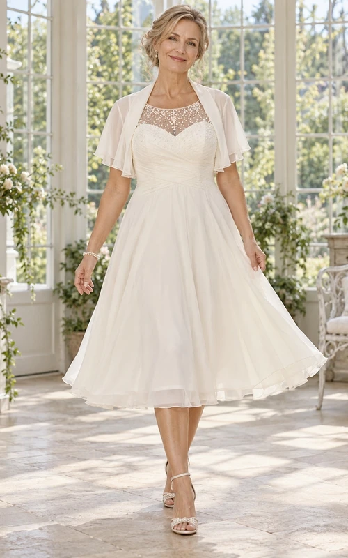 Vestido de novia modesto de gasa de corte A hasta la rodilla para novias mayores con bolero transparente.