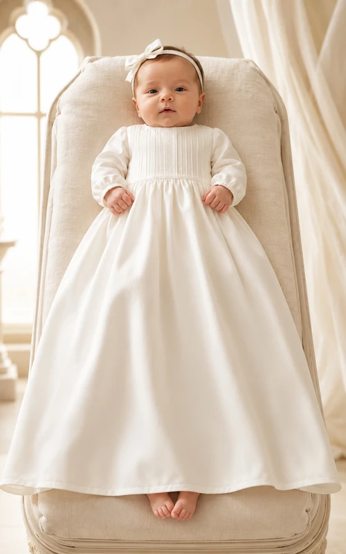 Minimalistisches, schlichtes Taufkleid für Babys und Kinder: A-Linie, bodenlang, mit Rundhalsausschnitt, langen Ärmeln, Satin, Knopfleiste am Rücken