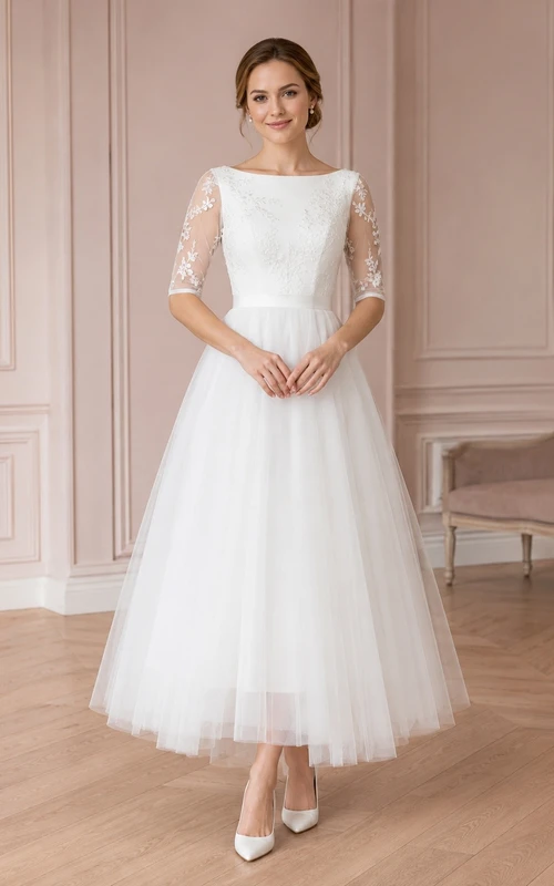 White Square Neck Lace Sleeve Tulle A-Line Floor-Length Dress