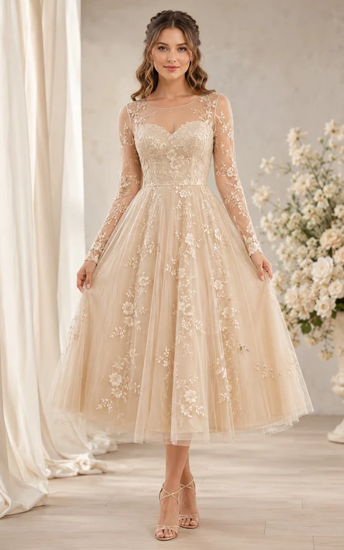 Champagne Sweetheart Long Sleeve Lace A-Line Midi Dress