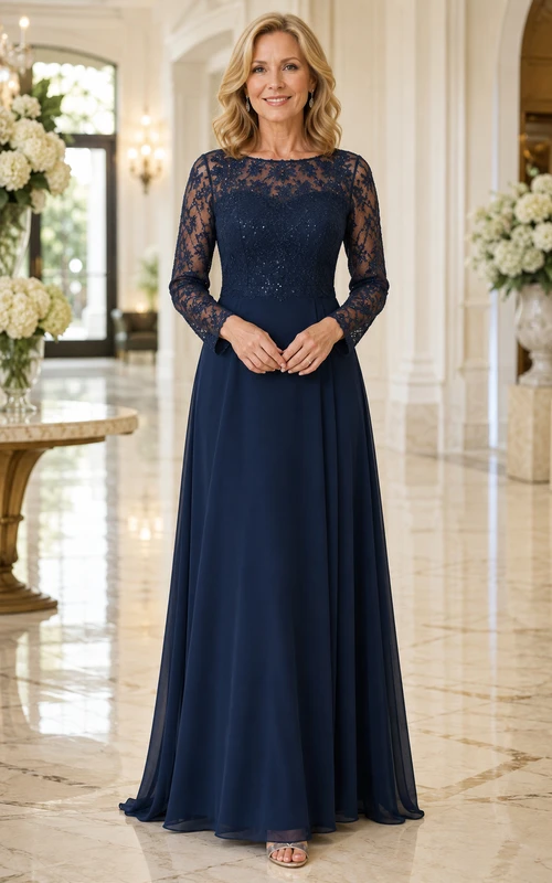 Dunkelblaues Chiffon-Kleid mit Spitzenärmeln und A-Linien-Design für Mütter
