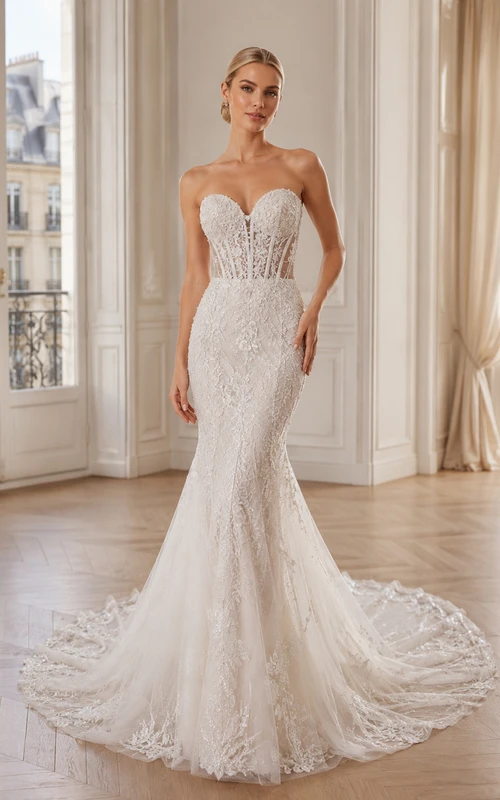 Trägerloses Brautkleid mit Herzausschnitt, Korsett, floraler Spitze, Meerjungfrauen-Stil und romantischer Kapellenschleppe