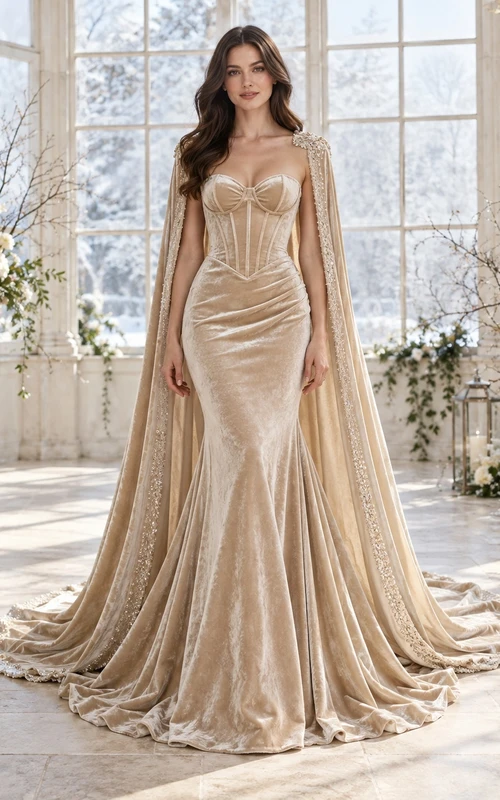 Vestido de novia de invierno estilo sirena color champán con escote corazón, corpiño de terciopelo con paneles y capa con cuentas.