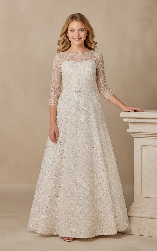 Vestido de dama de honor juvenil modesto, largo hasta el suelo, corte A, escote redondo, lentejuelas, manga tres cuartos
