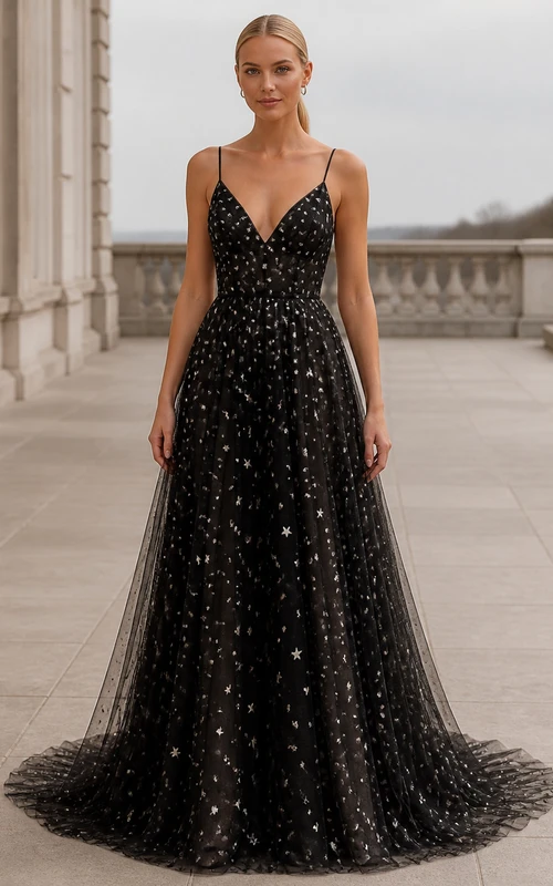 Black Luxury Star Sequin Ball Gown V-neck Sleeveless Floor-length Evening Dress
