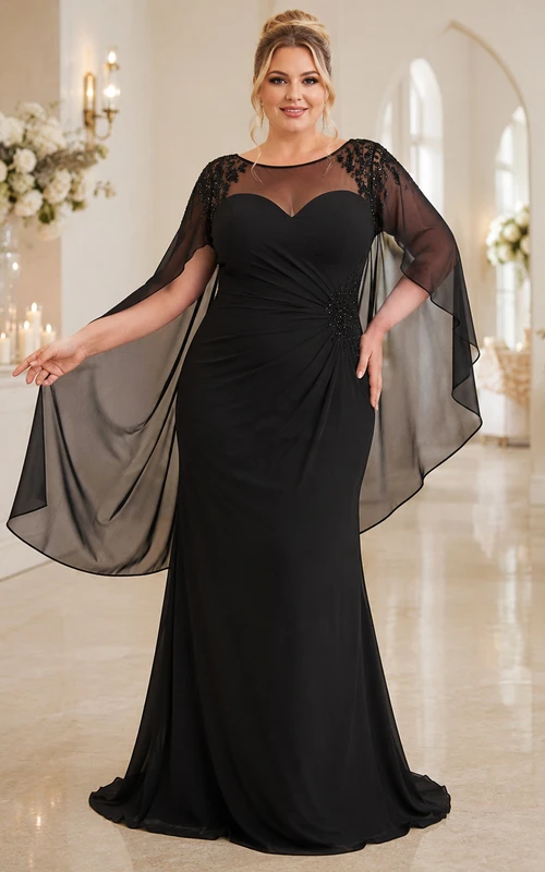 Vestido de invitada de talla grande con capa de encaje y escote barco ilusión negro, cola larga y estilo sirena.