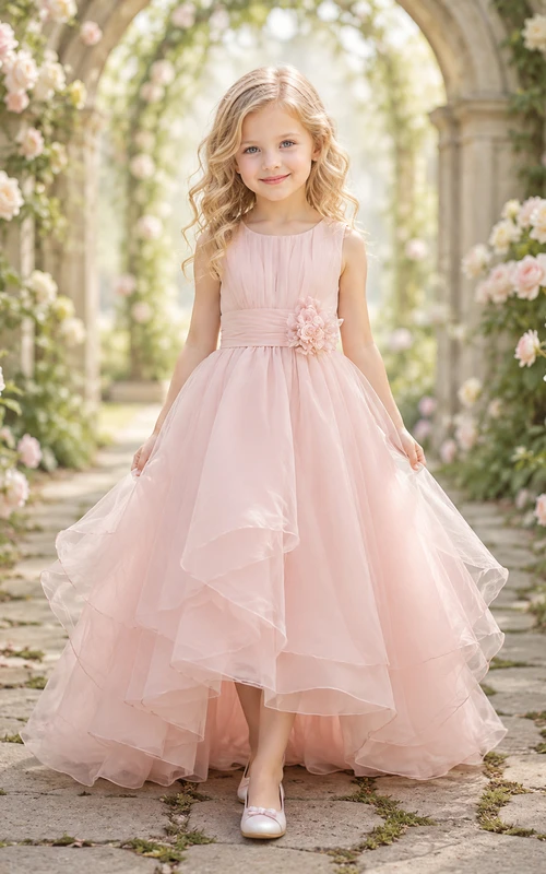 Flower Girl Dress Blushing Pink Lace Tulle A-Line Short Sleeve Scoop Neck Tea Length Ruffle Detail