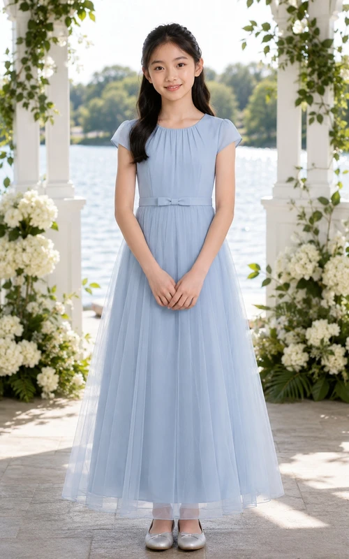Himmelblaues, elegantes Brautjungfernkleid für junge Mädchen, A-Linie, mit Strasssteinen besetzt, kurze Ärmel, knöchellang, aus Chiffon