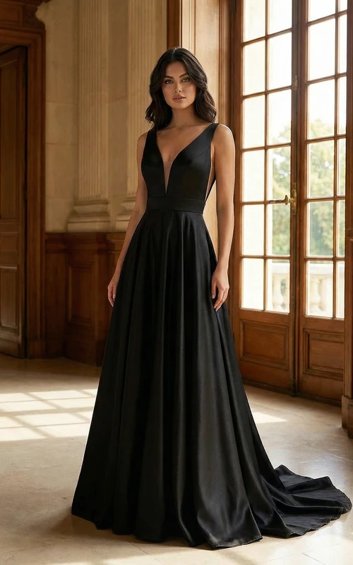 Black Satin A-Line Evening Dress with Deep V-Neck and Sweep Train