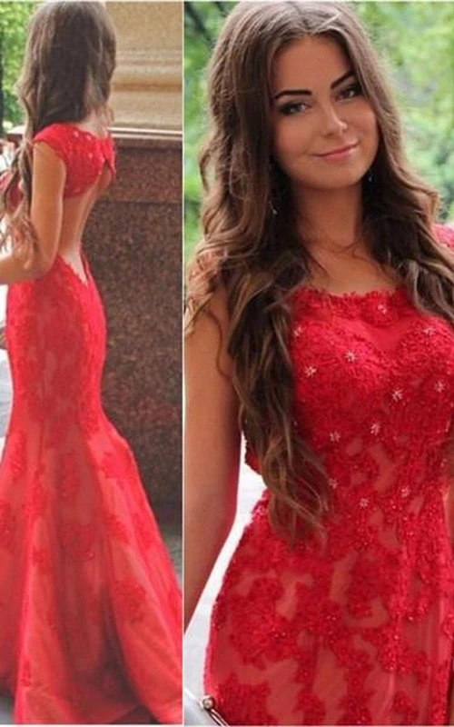 Vestido de noche de sirena con apliques de encaje rojo sexy y cola larga