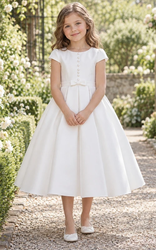 Simple Tea-length White Satin Jewel Cap-sleeve Buttoned Bow-waist Pleated A-line Flower Girl Dress