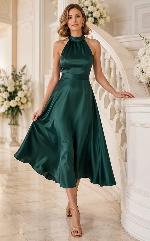 Dark Green Halter Satin A-Line Tea-Length Black-Tie Wedding Guest Dress