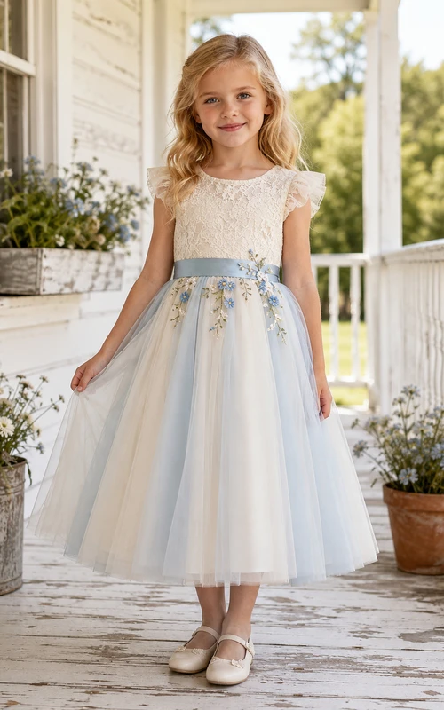 Mist Floral Embroidery Lace Flutter Sleeve Tulle Flower Girl Garden Tea-Length Dress
