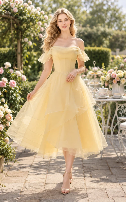 Yellow Off Shoulder Organza Tea Length Garden Party Dress