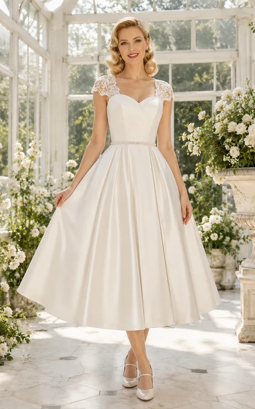 Vestido de novia vintage de satén con escote corazón, largo hasta la rodilla y mangas cortas de encaje, ideal para bodas al aire libre.
